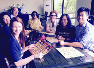 Clockwise from front left, Holly MacCallum, Soma Sahai-Srivastava, Shri Mishra, Ann Mishra, Giselle Petzinger, Patricia Lopez and Heng Nhoung at a restaurant in Cambodia. Sahai is spearheading a group of medical professionals from the Keck School who are developing a neurology outreach program for Cambodian health care professionals funded by a grant from the World Federation of Neurology.