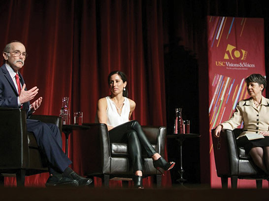 Arthur Toga, Lisa Genova and Ina Jaffe, from left, take the stage at Something’s Not Right With Alice: Understanding Alzheimer’s on Feb. 4.