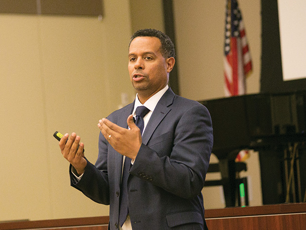 Marc Nivet, chief diversity officer of the American Association of Medical Colleges, speaks Feb. 17 at the Keck School of Medicine of USC.