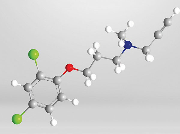 An illustration depicts the makeup of the antidepressant/MAO-A inhibitor Clorgiline.