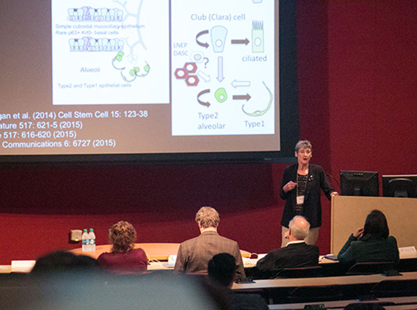 Keynote speaker Brigid Hogan presents at the Hastings Center for Pulmonary Research inaugural symposium March 11.