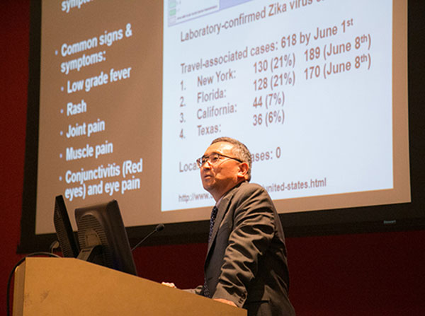 Jae Jung speaks during the Zika Virus Awareness Symposium, held June 9 at Aresty Auditorium on the Health Sciences Campus.