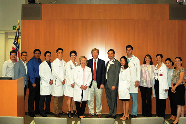 David Hess is joined by the USC Department of Neurology Stroke Team and the Roxanna Todd Hodges Stroke Foundation President, Deborah Massaglia and Executive Director, Guy Navarro. From left, Steven Cen, Guy Navarro, Alejandro Vazquez, Jared Noroozi, Joseph Kim, Leslie Tarlow, Deborah Massaglia, David Hess, Nerses Sanossian, May Kim-Tenser, William Mack, Sebina Bulic, Leila Darki, Melody Sharifi, Mirabai Chuldenko.