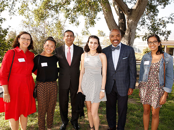 From left, Donna Elliott, first-year student Emily Chu, Rohit Varma, first-year student Nina Petrosyan, Henri Ford and first-year student Divya Patel are seen at the Keck School of Medicine of USC Welcome Reception for first-year and returning students, Aug. 9 in San Marino....8/9/16.San Marino, CA.Keck School of Medicine of USC.1st Year and Returning Students Welcome Reception.Photo by: Steve Cohn.