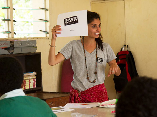 Rasa Rafie conducts a classroom activity to understand children’s baseline knowledge of nutrition in Fiji. (Photo/Evan Schell)