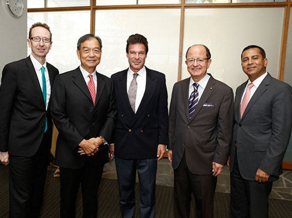 From left, USC Provost Michael Quick, David Lee, Terence Sanger, USC President C. L. Max Nikias, and Rohit Varma are seen at the installation of the David L. Lee and Simon Ramo Chair in Health Science and Technology, held Sept. 29 at the Broad CIRM Center Auditorium.