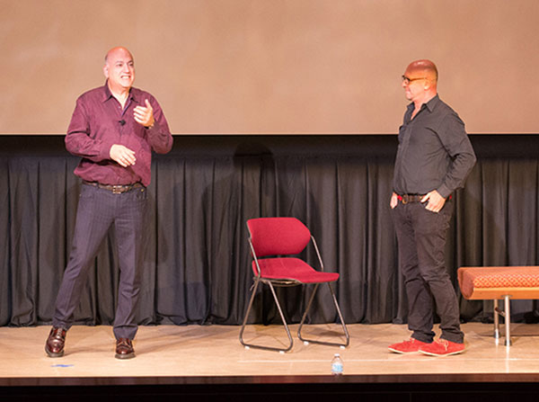 Paul Browde, left, and Murray Nossel perform their acclaimed show “Two Men Talking” at Mayer Auditorium on Sept. 19.