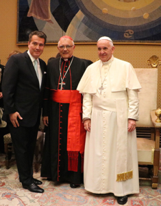 Rene Sotelo, left, poses with Baltazar Enrique Porras Cardozo, a Roman Catholic cardinal, and Pope Francis recently during a trip to Rome. (Photo/Courtesy Rene Sotelo)