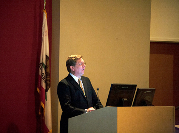 Stephen Gruber, USC Norris Comprehensive Cancer Center director, speaks at the annual State of the Cancer Center address, held Jan. 17 at Aresty Auditorium.