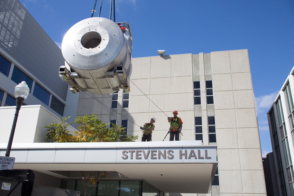 Magnet the Weight of 30 Elephants Lowered Through Roof of USC Stevens Hall for Next-Gen 7T MRI Machine