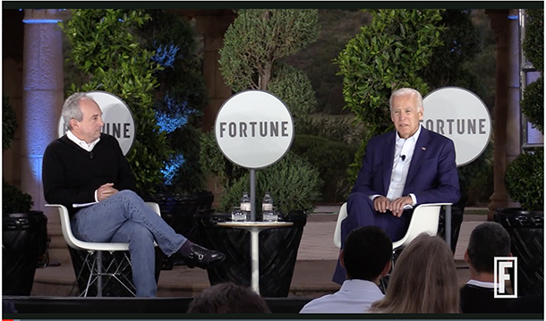 Vice President Joseph Biden talks with David Argus, MD, about the future of cancer research and the role of government in supporting patients, practitioners and researchers in the fight against cancer at the second annual Fortune Brainstorm Health conference in San Diego, CA.