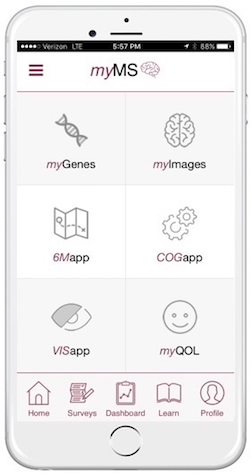 The myMS app is a comprehensive platform for collecting data in different domains such as walking, cognition, vision, quality of life, demographics, MRI imaging and genetics.