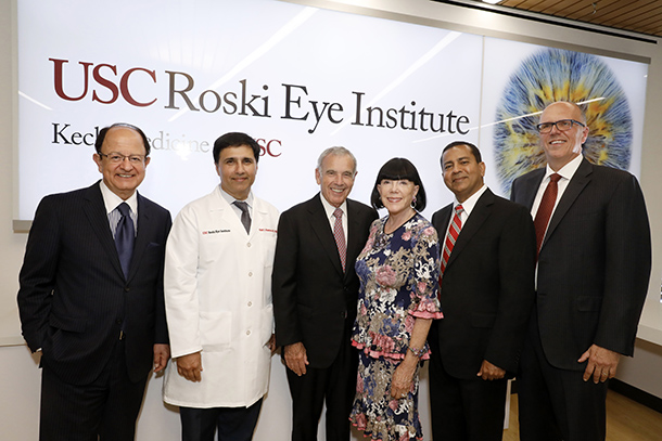 From left, C. L. Max Nikias, Mark Humayun, Edward Roski, Gayle Roski, Rohit Varma and Tom Jackiewicz are seen during the Sept. 7 unveiling of the remodeled USC Roski Eye Institute clinical space on the Health Sciences Campus. (Photo/Steve Cohn)