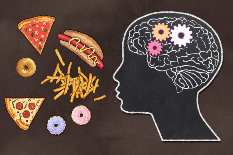 Addiction illustrated with Fast Food and Brain Activity in classic drawing Style on Brown Blackboard