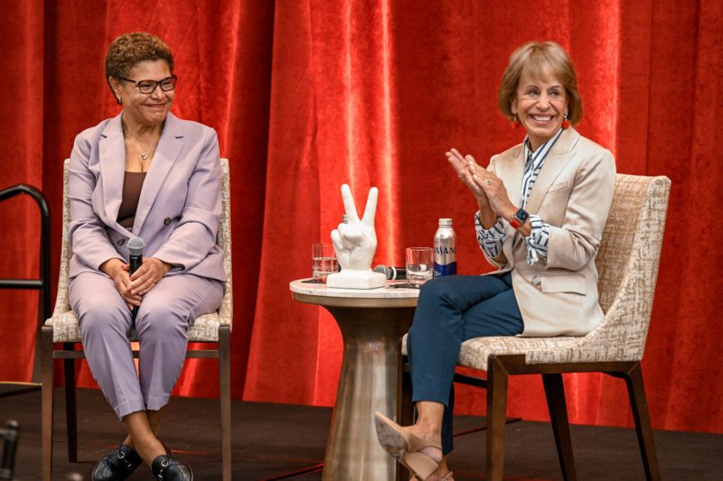 Los Angeles Mayor Karen Bass, left, and USC President Carol L. Folt spoke before more than 260 people attending Friday’s California Street Medicine Symposium. (USC Photo/Gus Ruelas)
